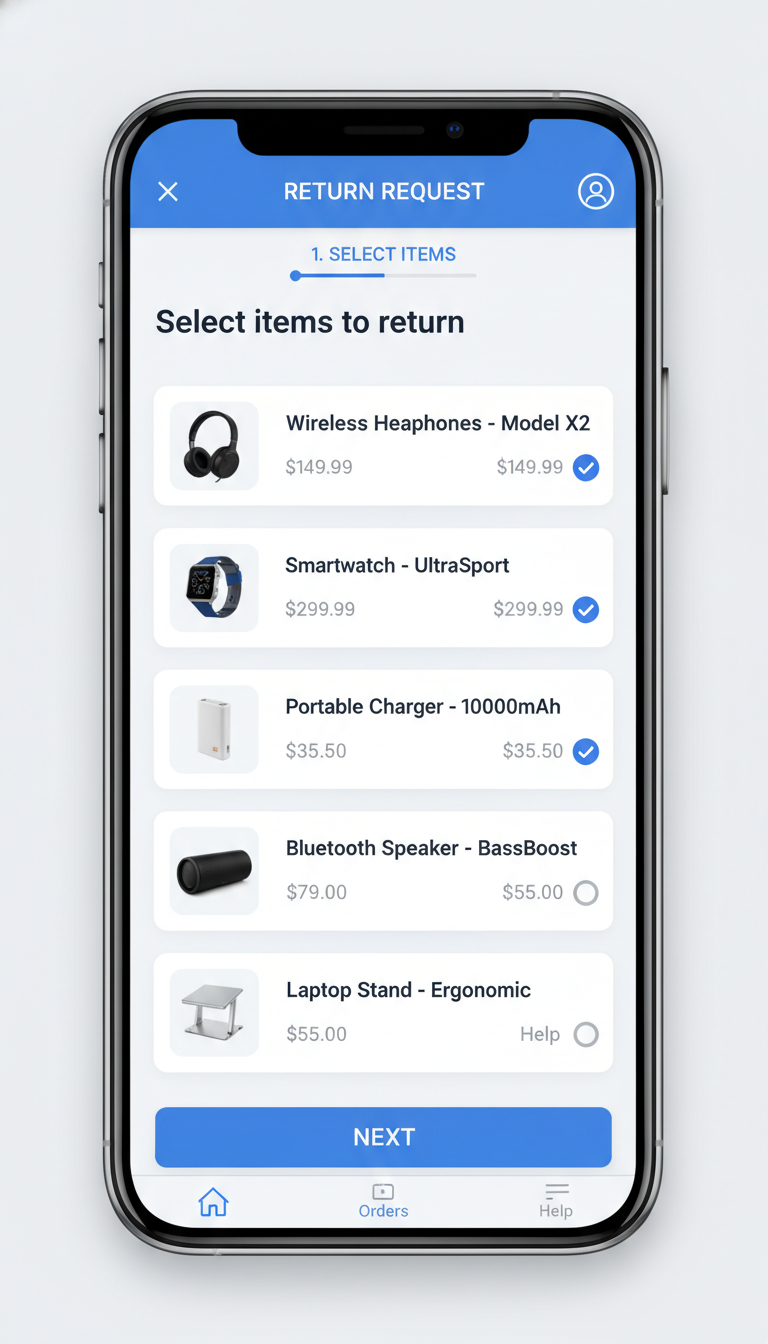 Mobile app showing items to select for return